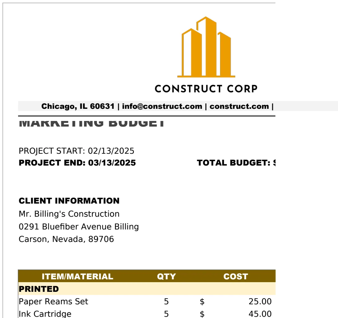 Construction Marketing Project Budget Template preview