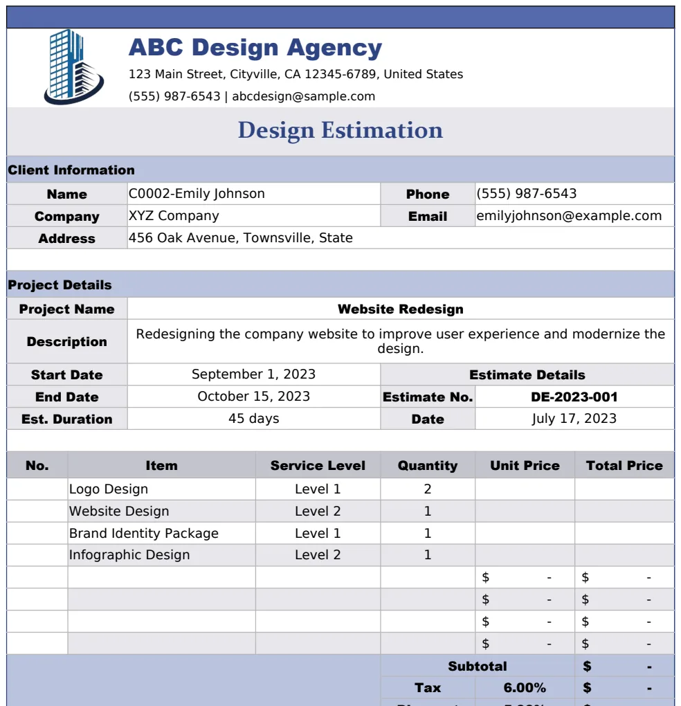 Design Estimation Template preview