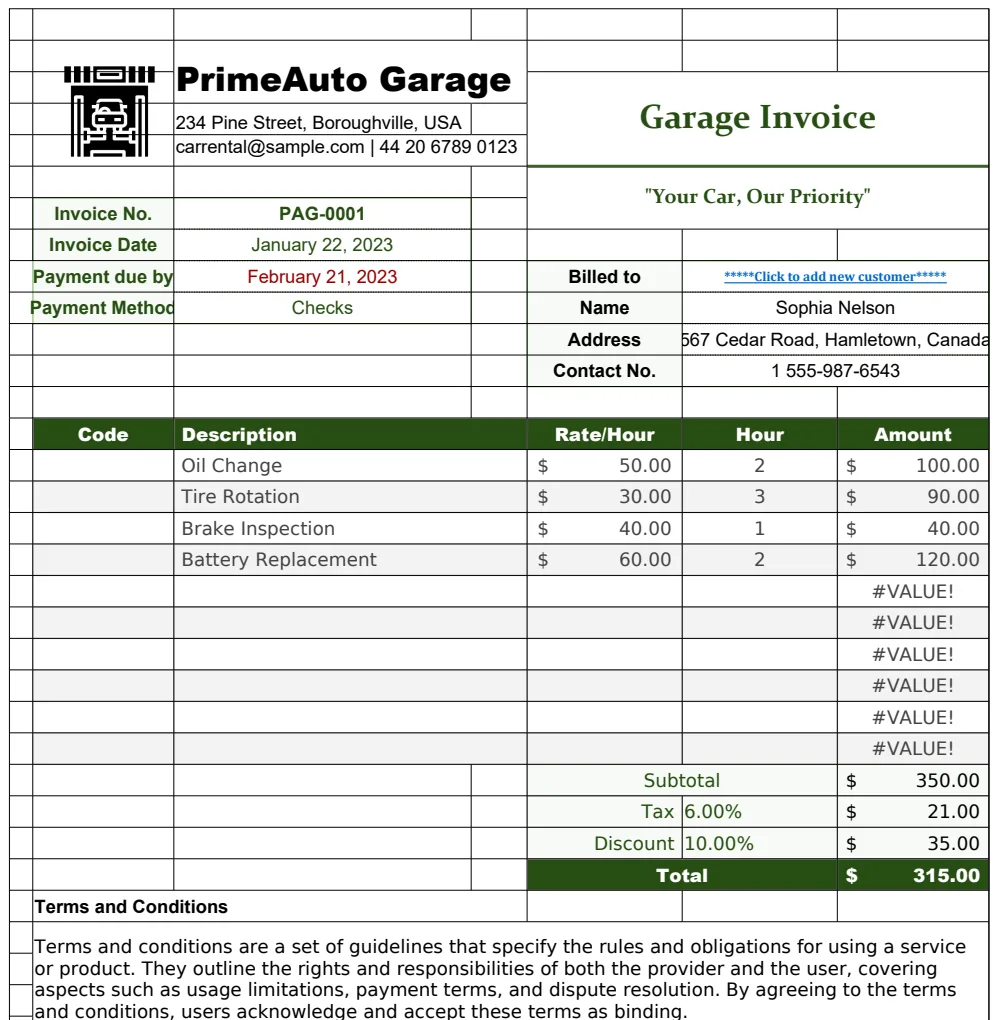 Garage Invoice Template preview