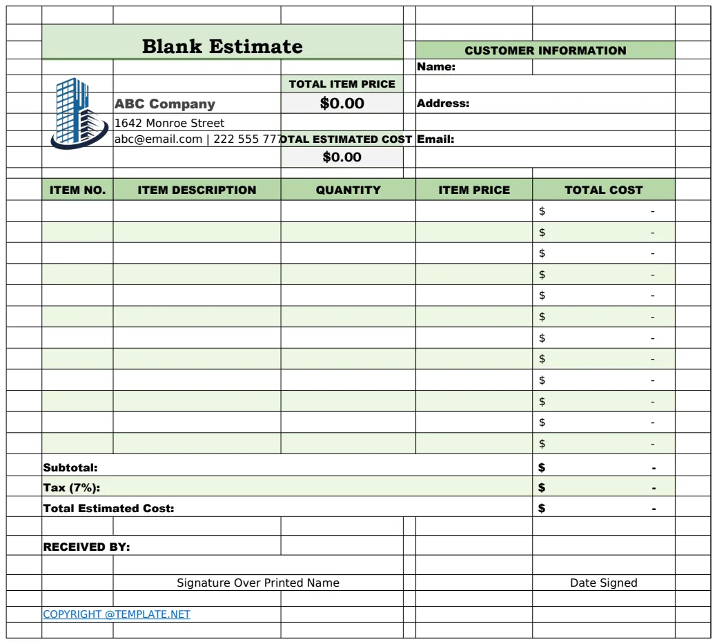 Blank Estimate Template preview