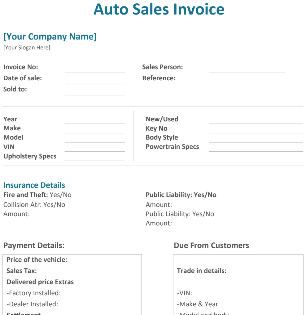 Auto Sales Invoice Template preview