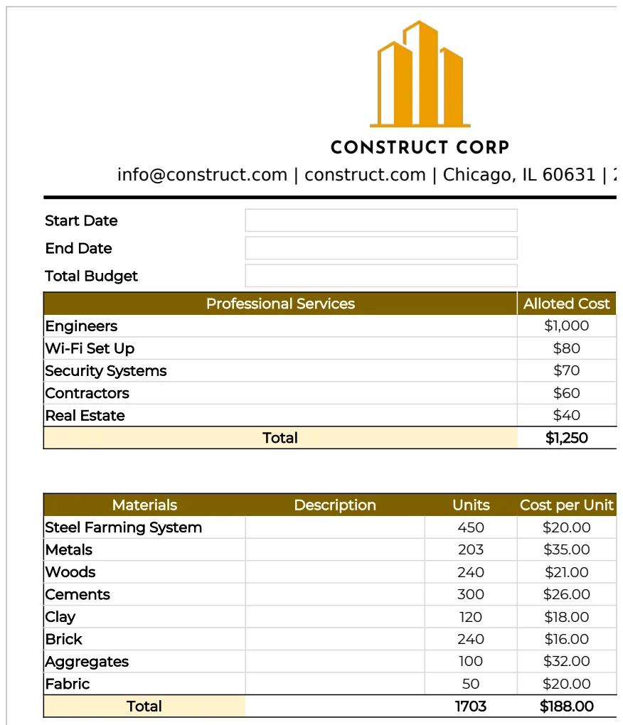 Hotel Construction Budget Template preview