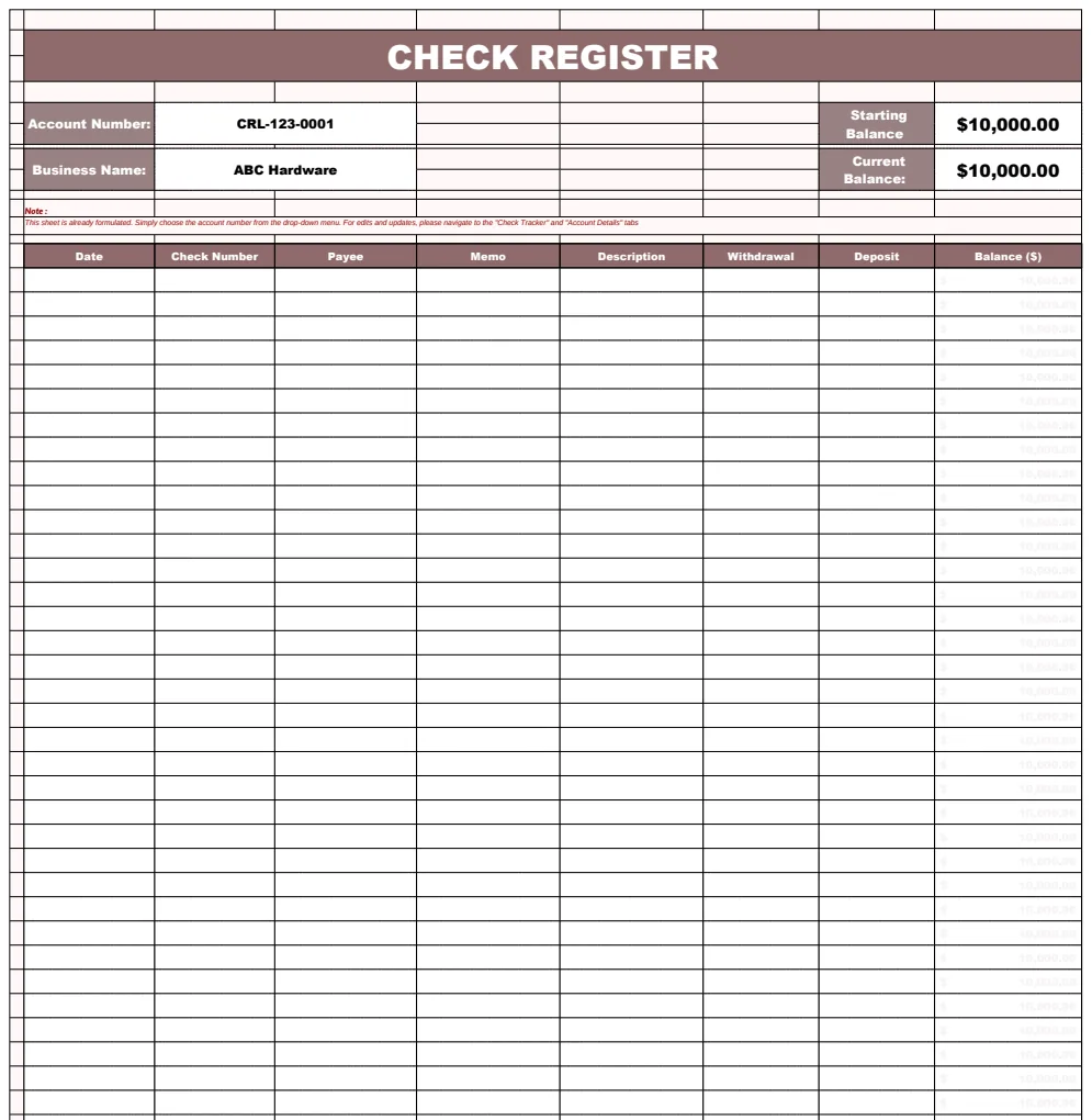 Small Business Check Register Template preview