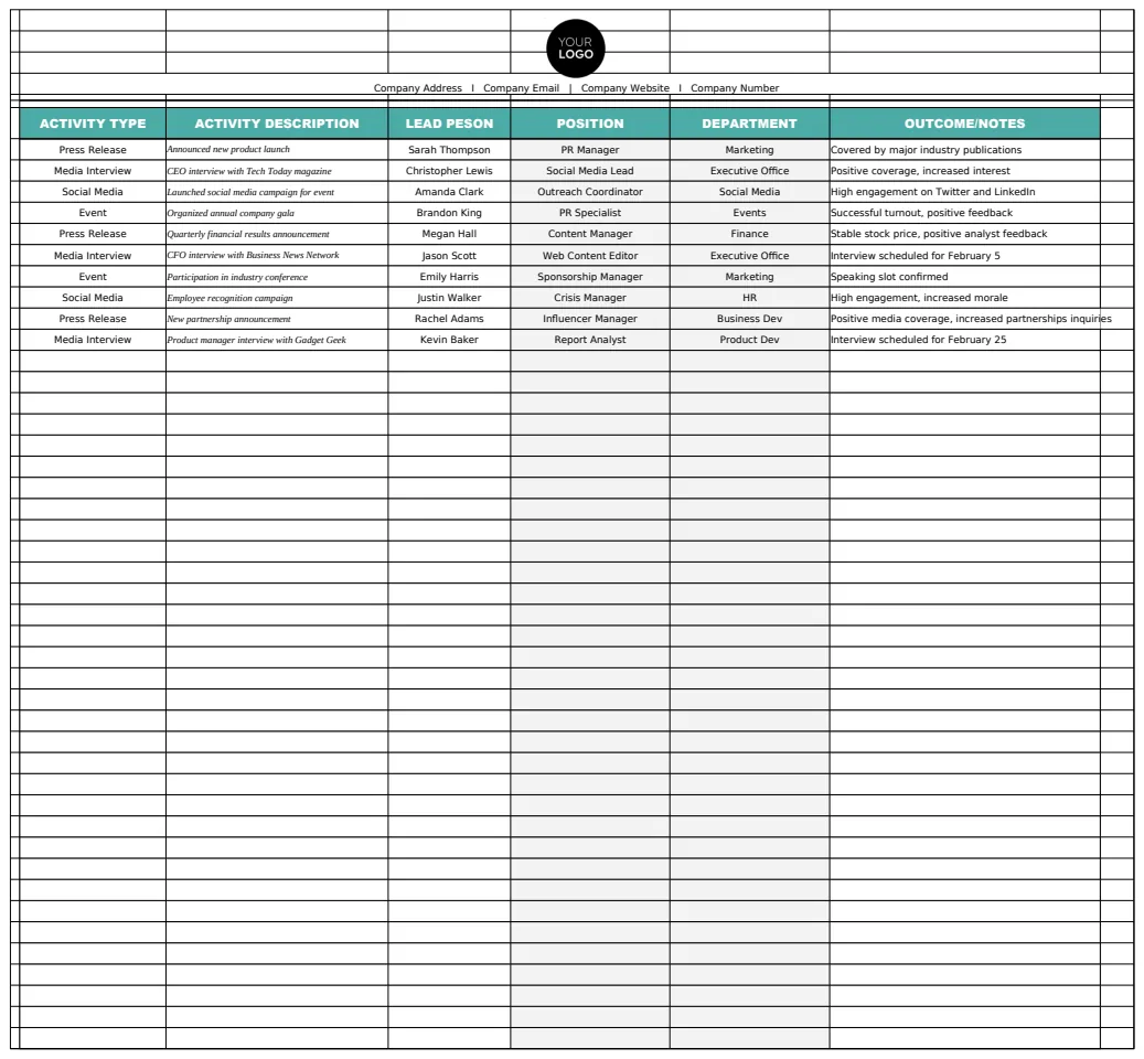 Administration Public Relations Activity Log Template preview