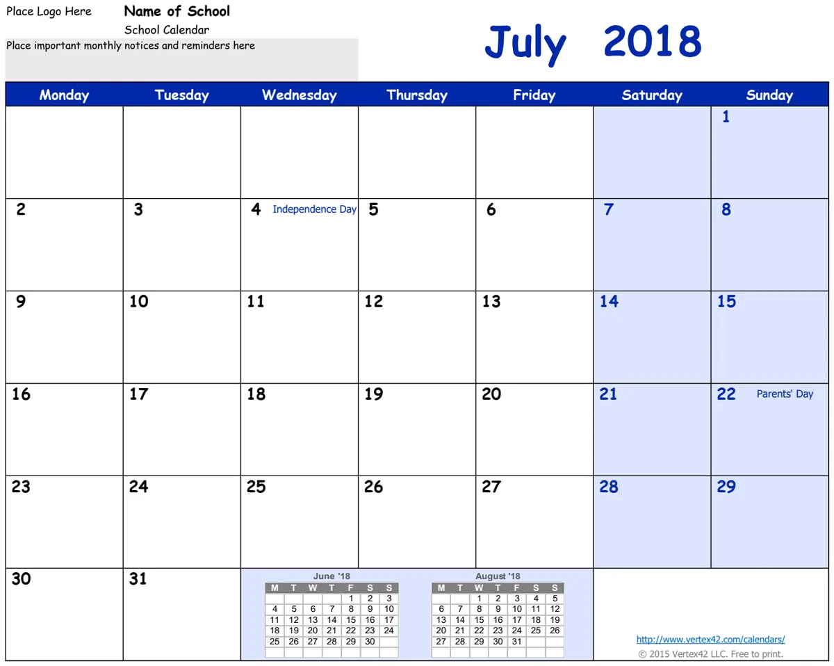 2018-2019 School Calendar (Monday Start) preview