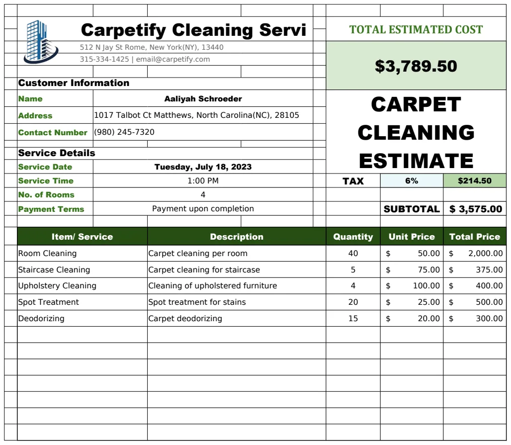 Carpet Cleaning Estimate preview