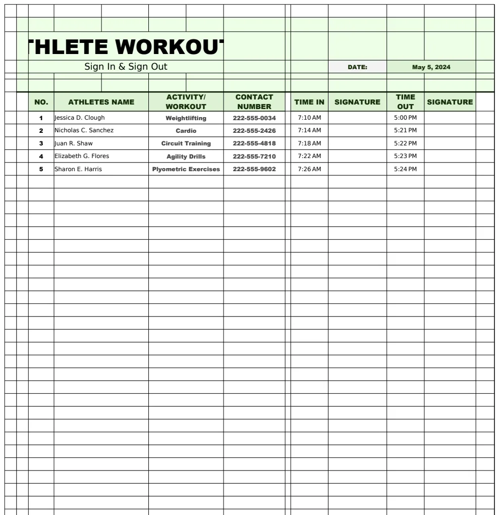 Athlete Workout Sign In/Out Sheet preview