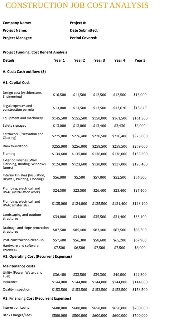 Construction Job Cost Analysis Template preview