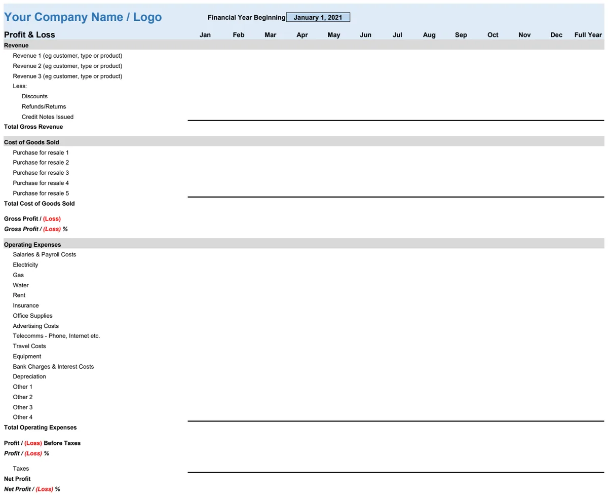 Self Employed Profit & Loss Template preview