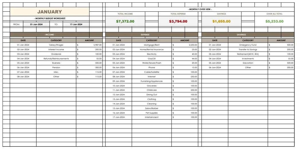 Monthly Budget Worksheet Template preview