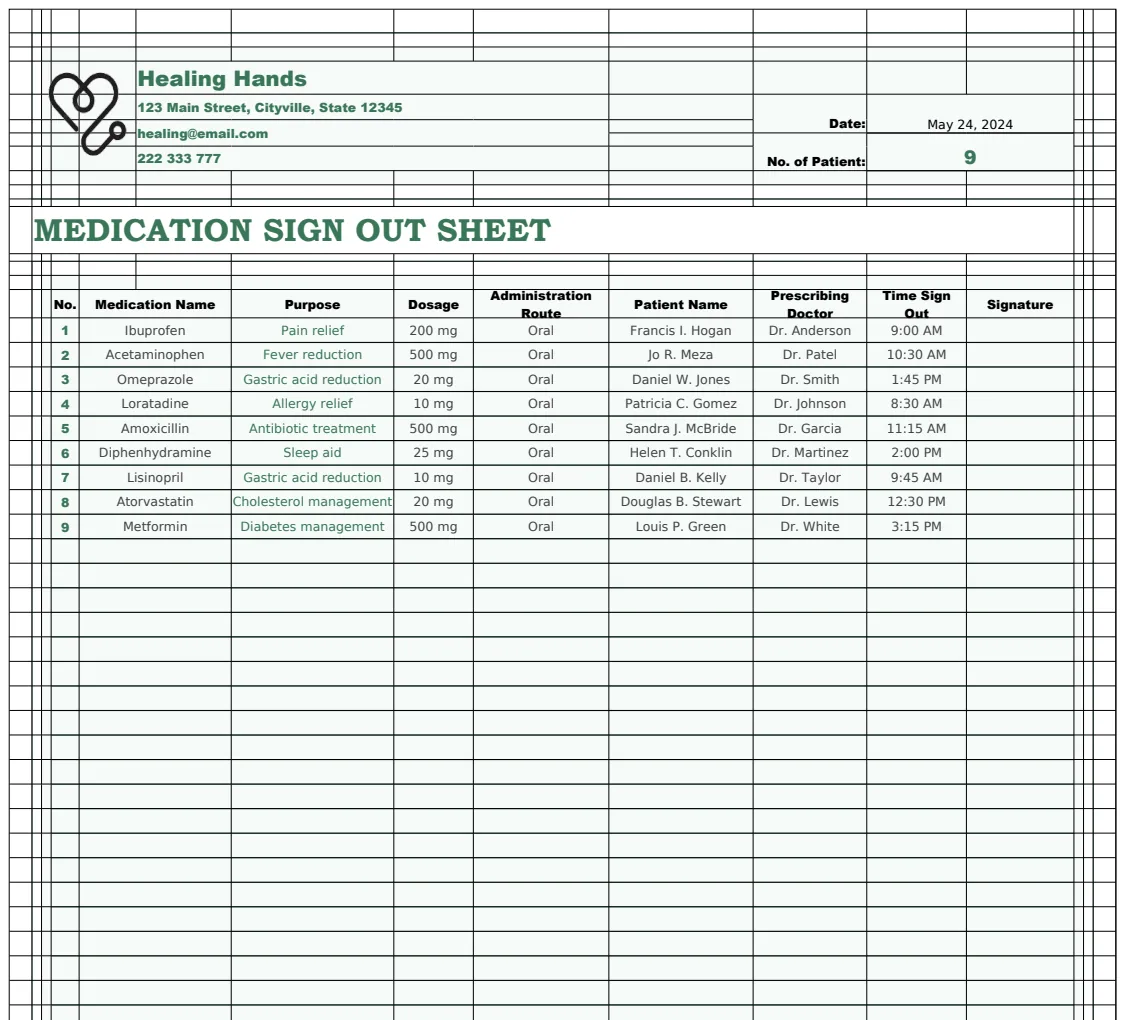 Medication Sign Out Sheet Template preview