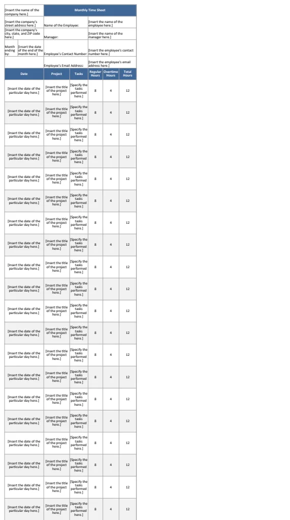 Monthly IT Time Sheet Template US preview
