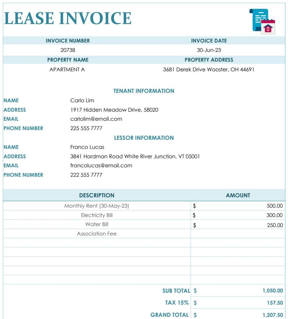 Lease Invoice Template preview