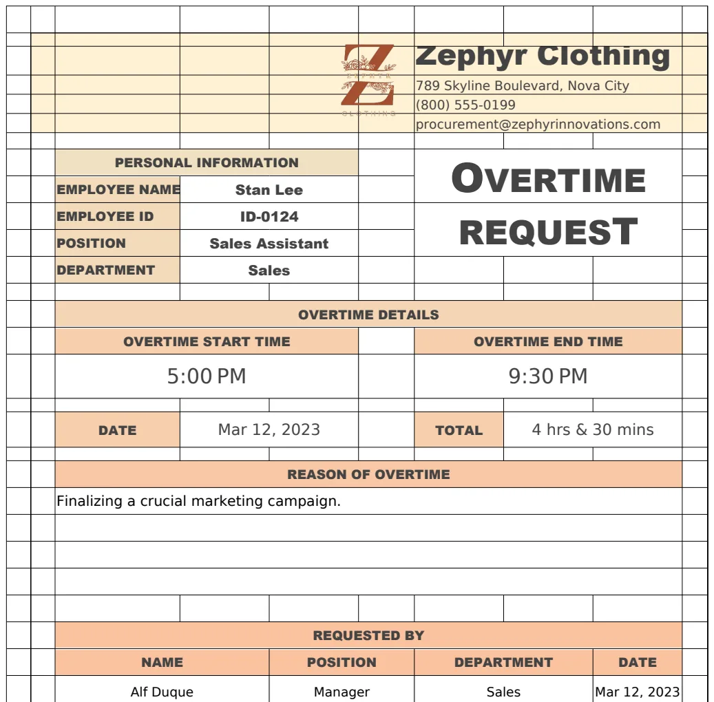 Overtime Form Template preview