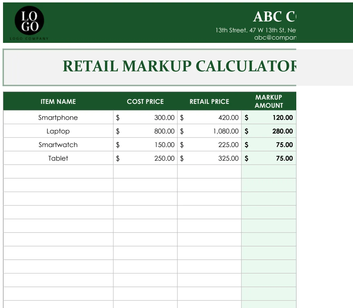 Retail Markup Calculator Template preview