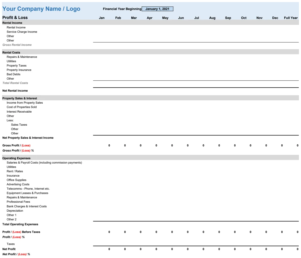 Real Estate Profit and Loss Template preview