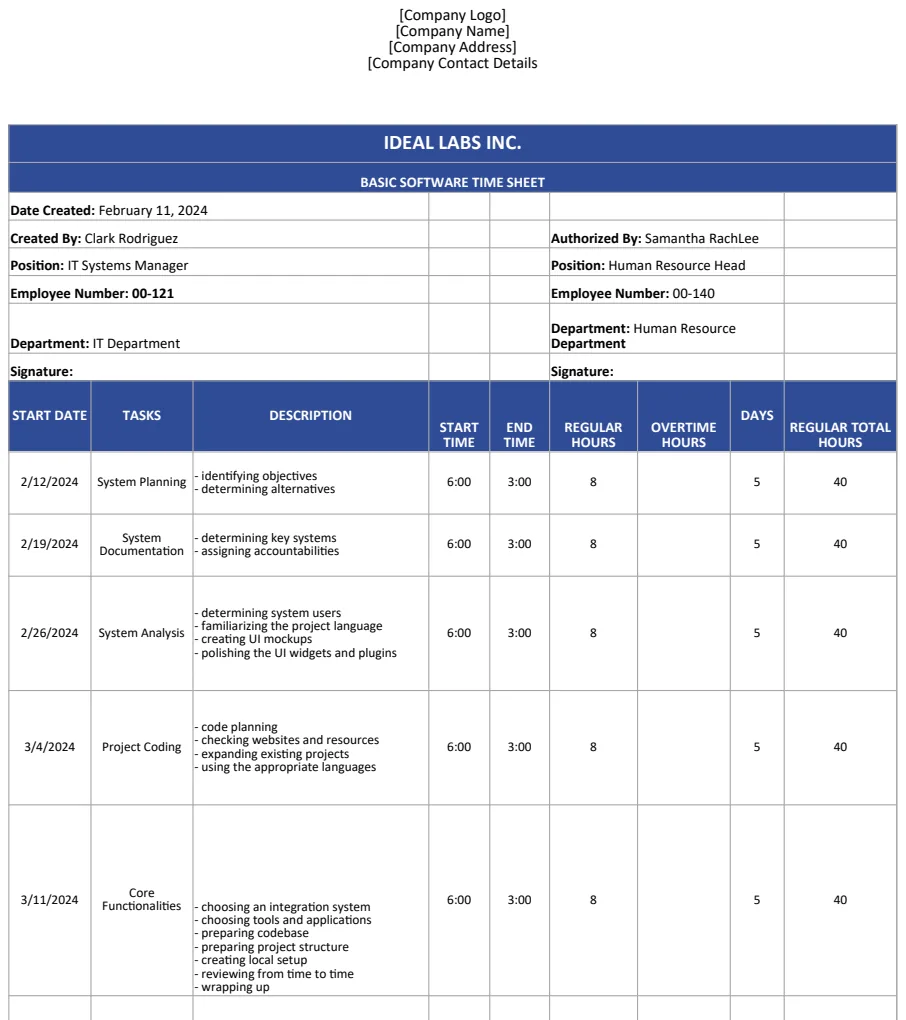 Basic Software Time Sheet Template US preview