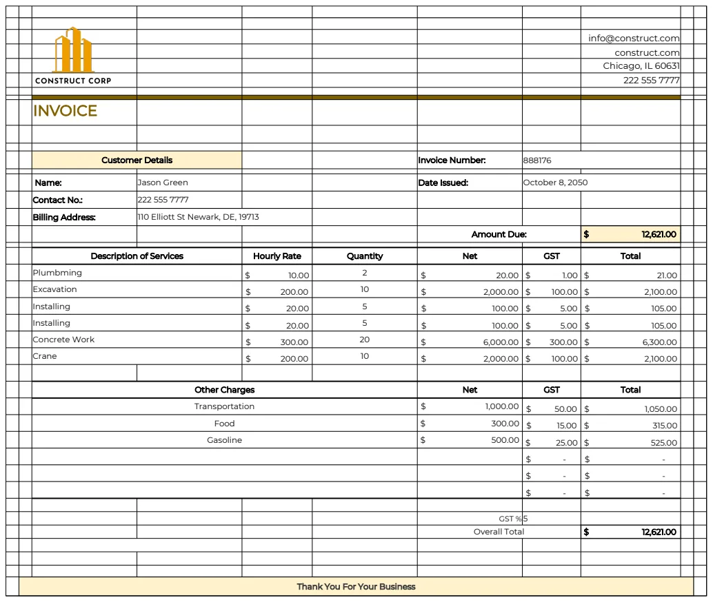 Construction Invoice Template preview