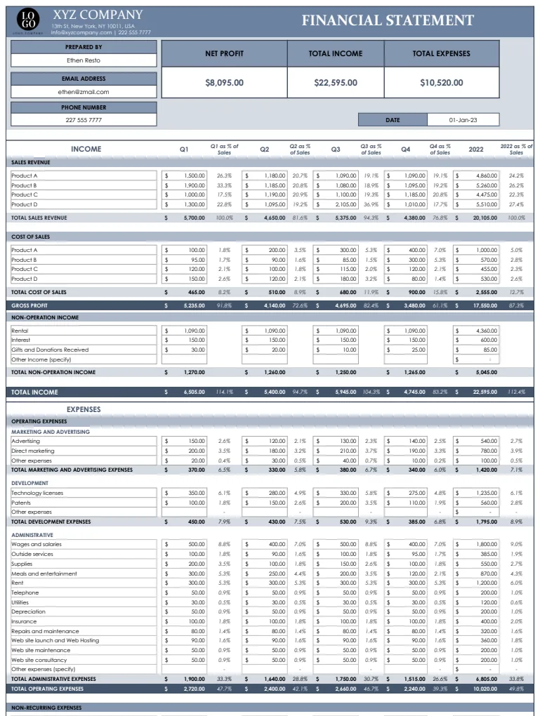 XYZ Company Financial Statement and Employee Management Template preview