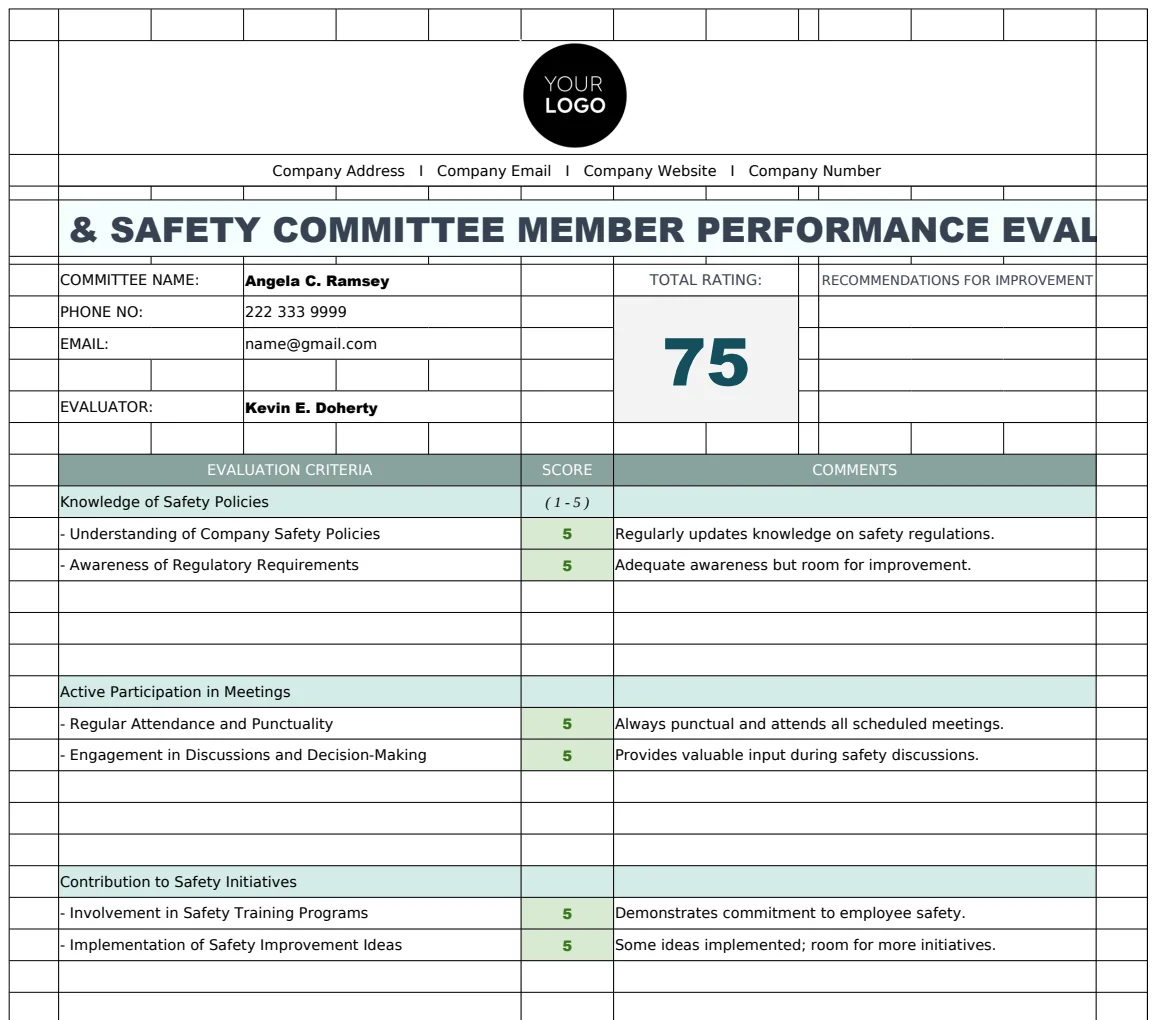Health & Safety Committee Member Performance Evaluation Template preview