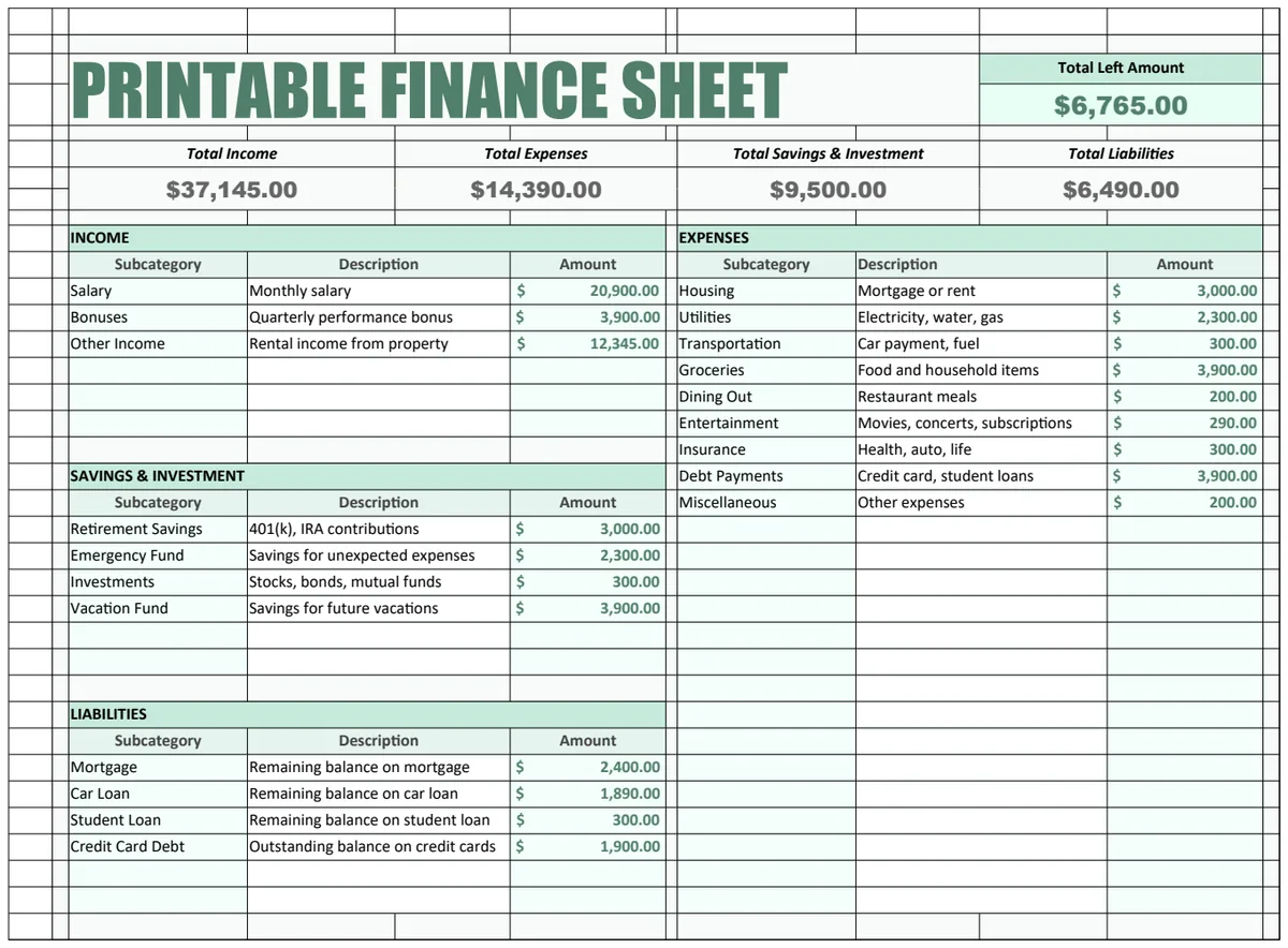 Printable Finance Sheet Template preview