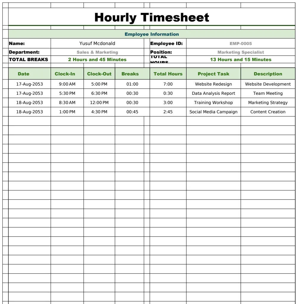 Copy of Hourly Timesheet Template preview