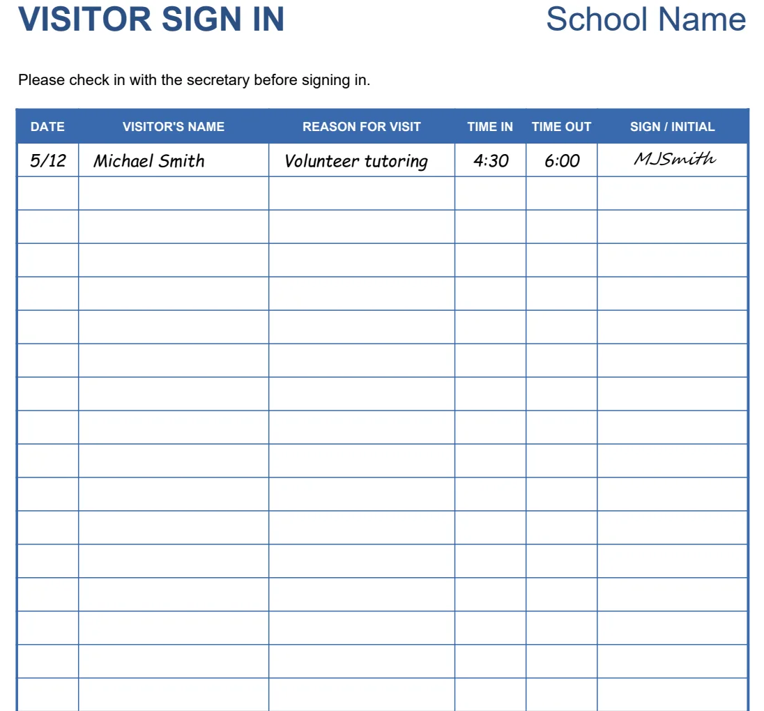 School Visitor Sign-In Sheet preview