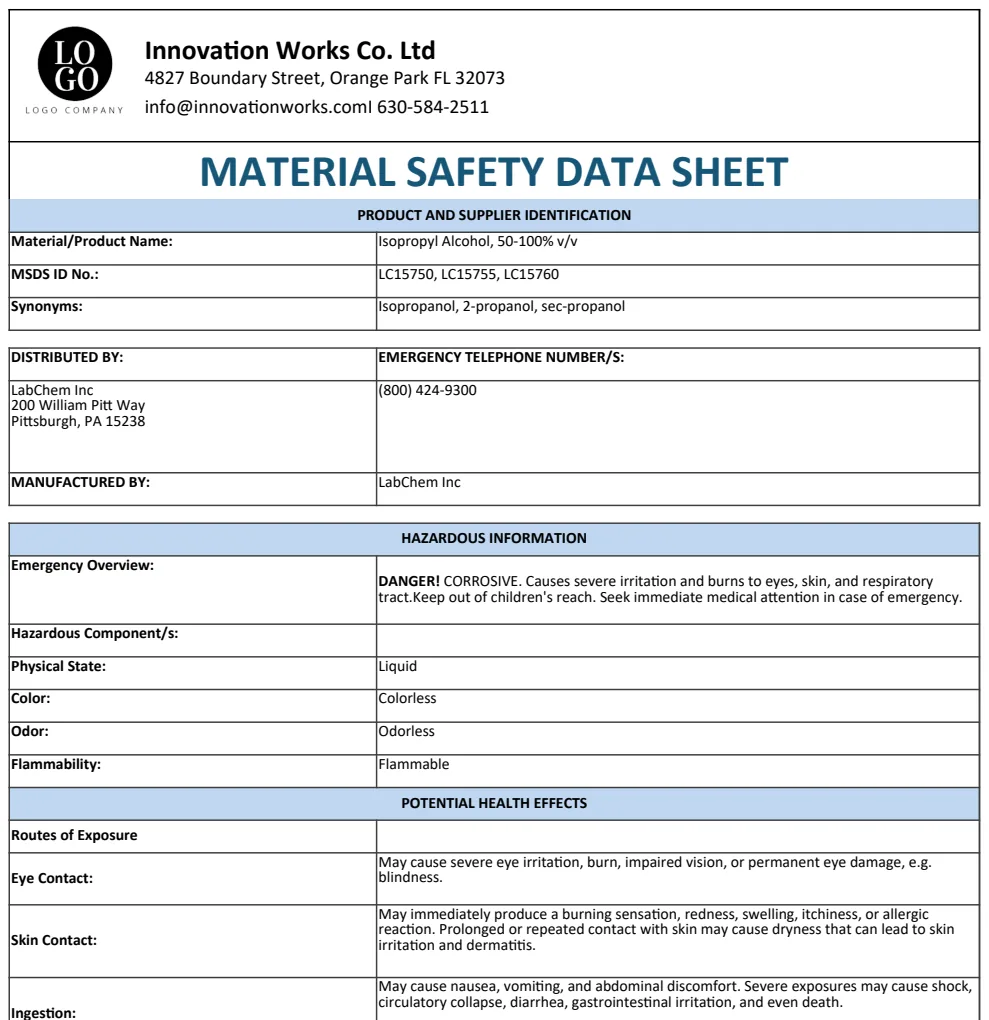 Material Safety Data Sheet (MSDS) Template preview