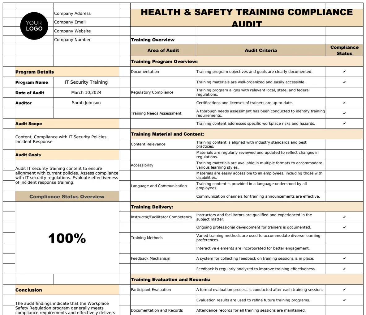 Health & Safety Training Compliance Audit Template preview