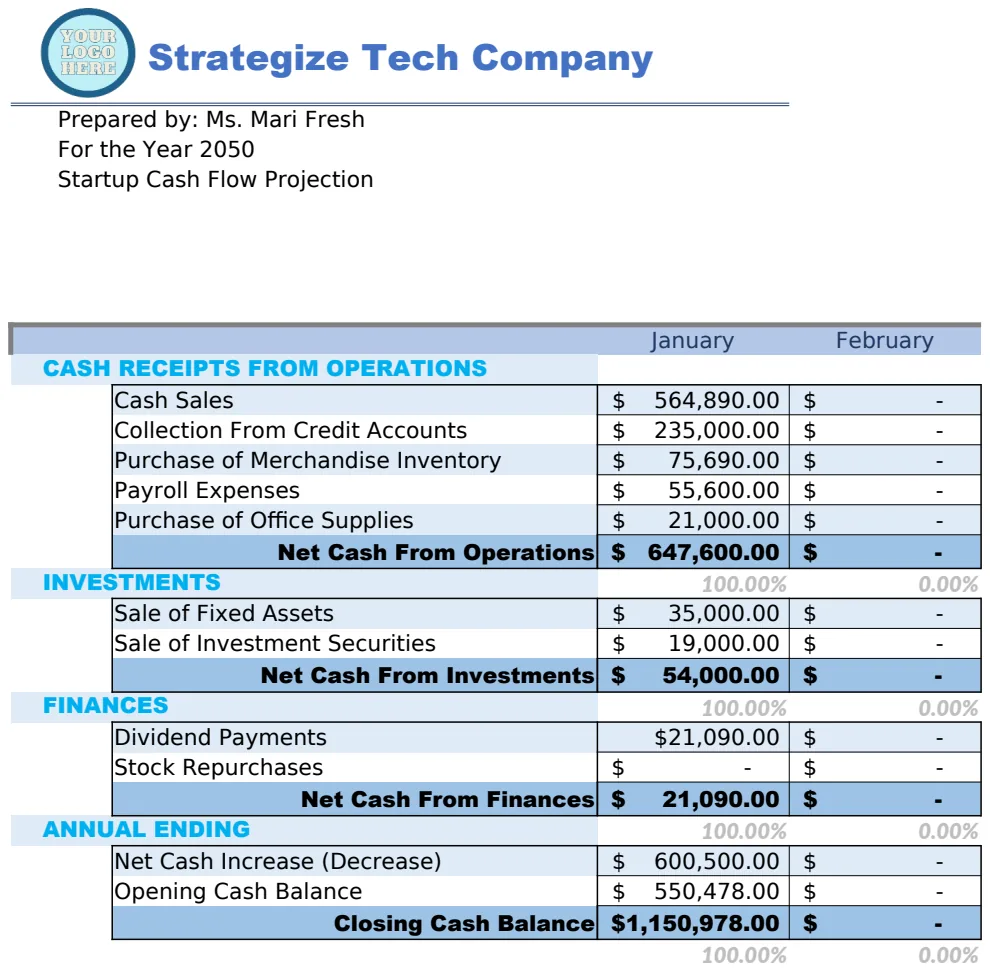 Startup Cash Flow Projection Template preview