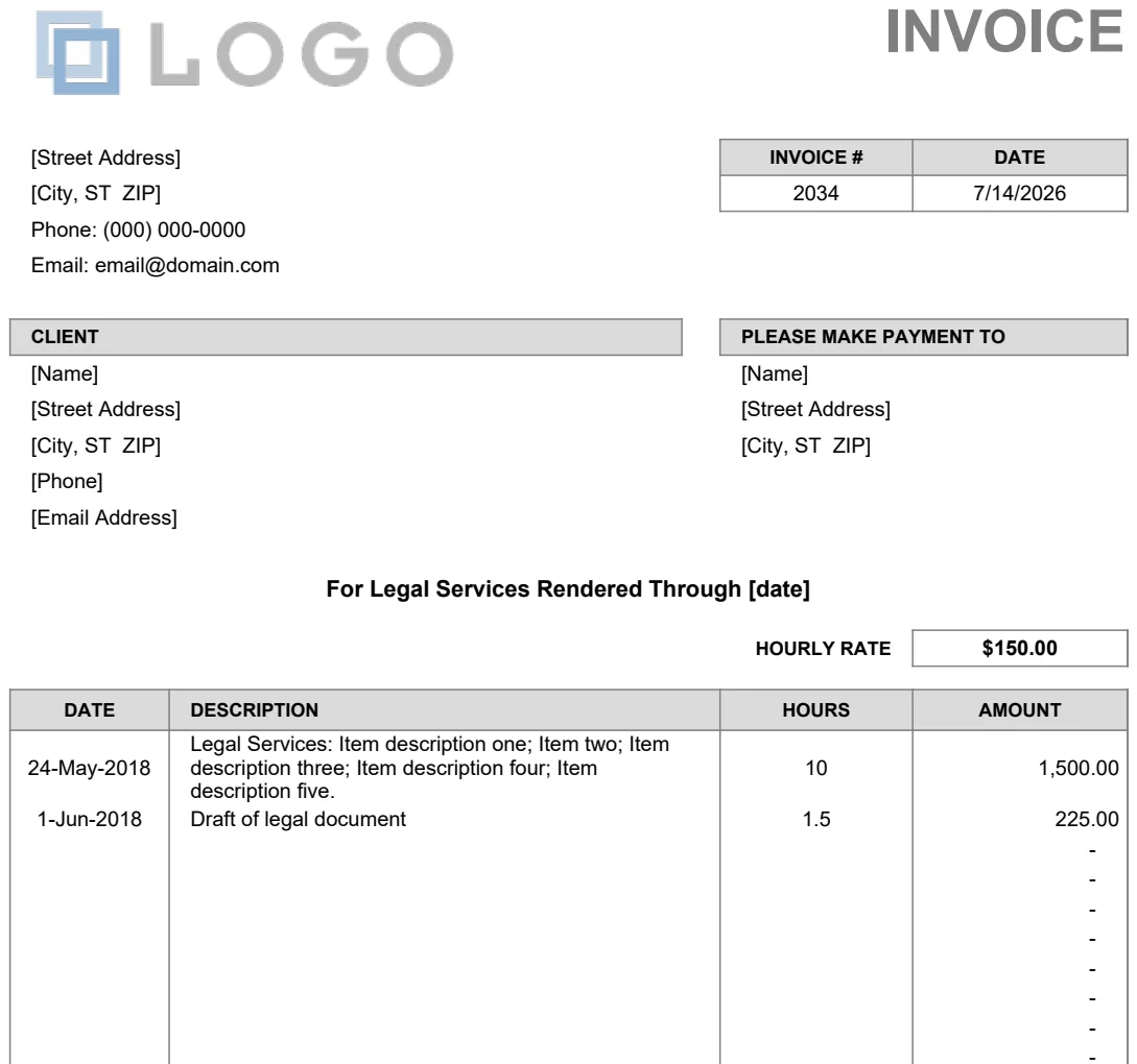 Billing Invoices for Legal Services preview
