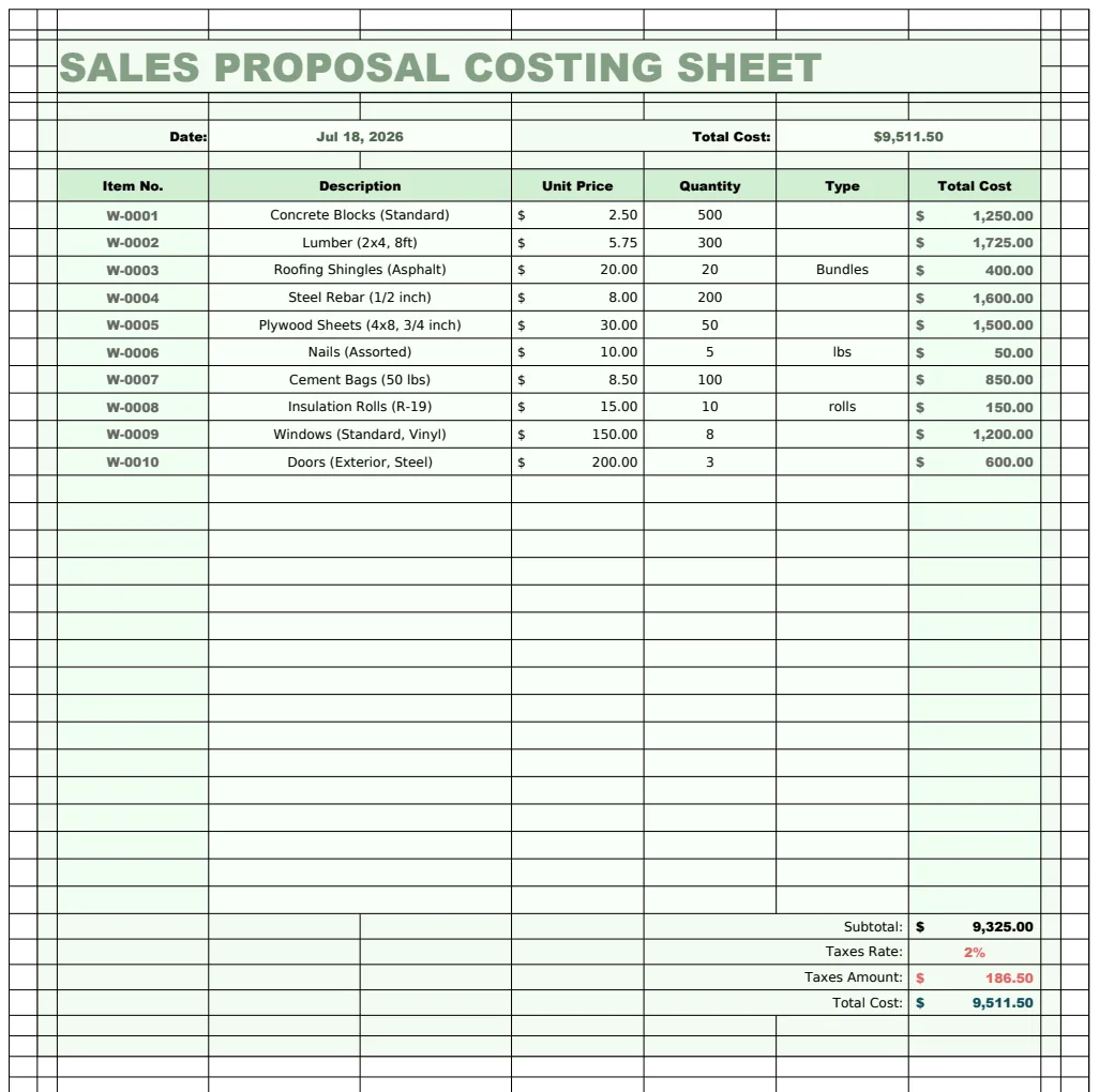 Sales Proposal Costing Sheet Template preview