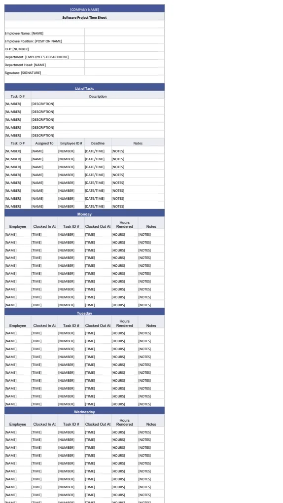 Software Project Time Sheet Template US preview