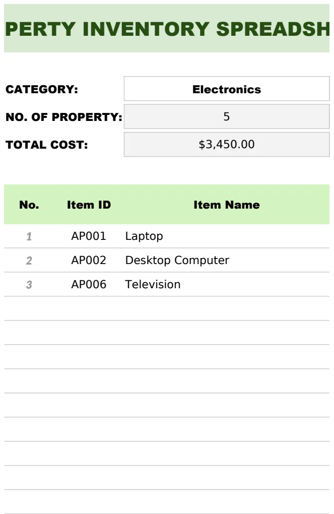 Property Inventory Spreadsheet Template preview
