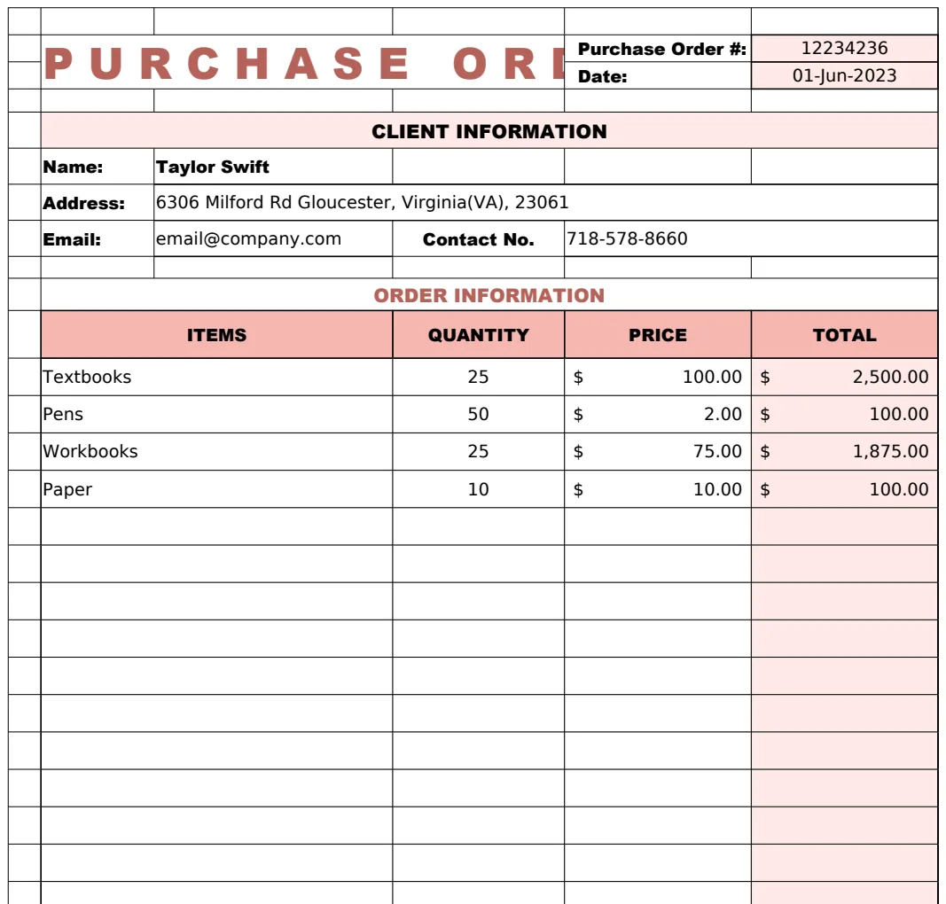 Purchase Order Form Template preview
