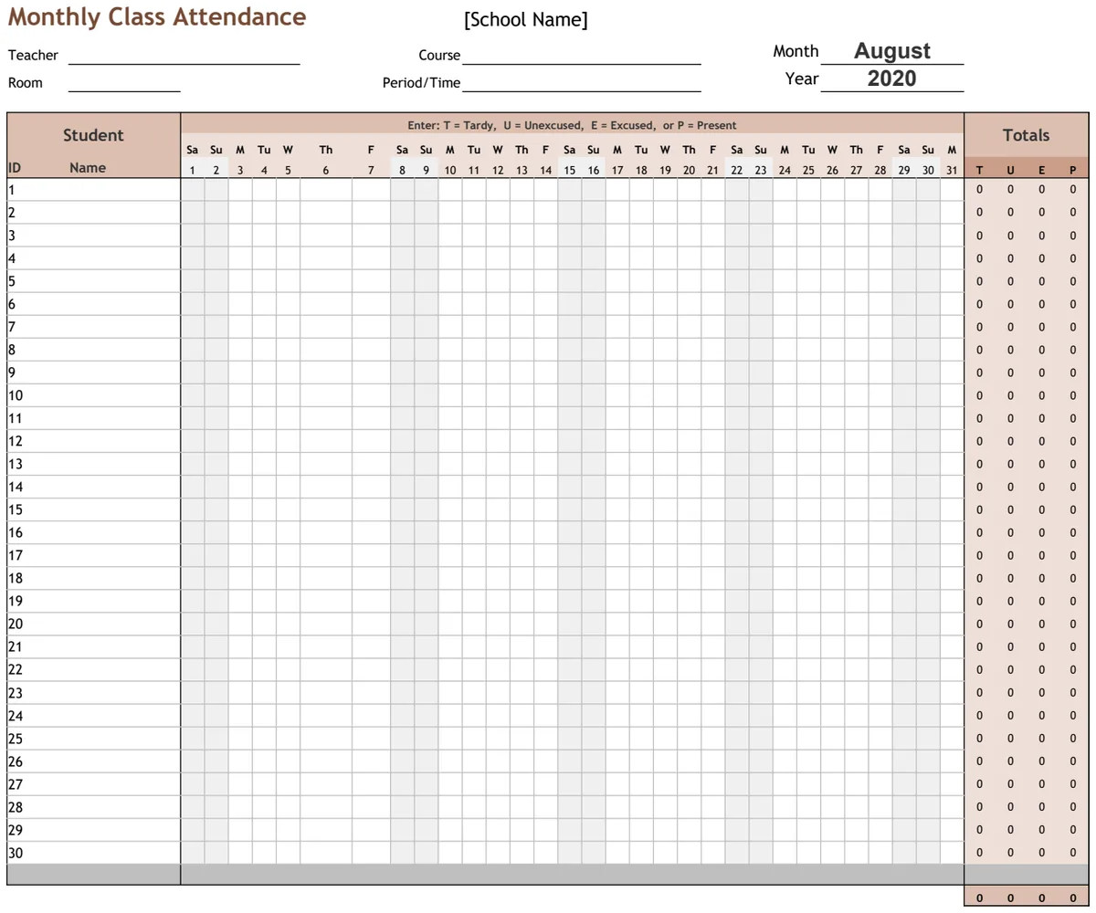 Monthly Class Attendance Tracker preview