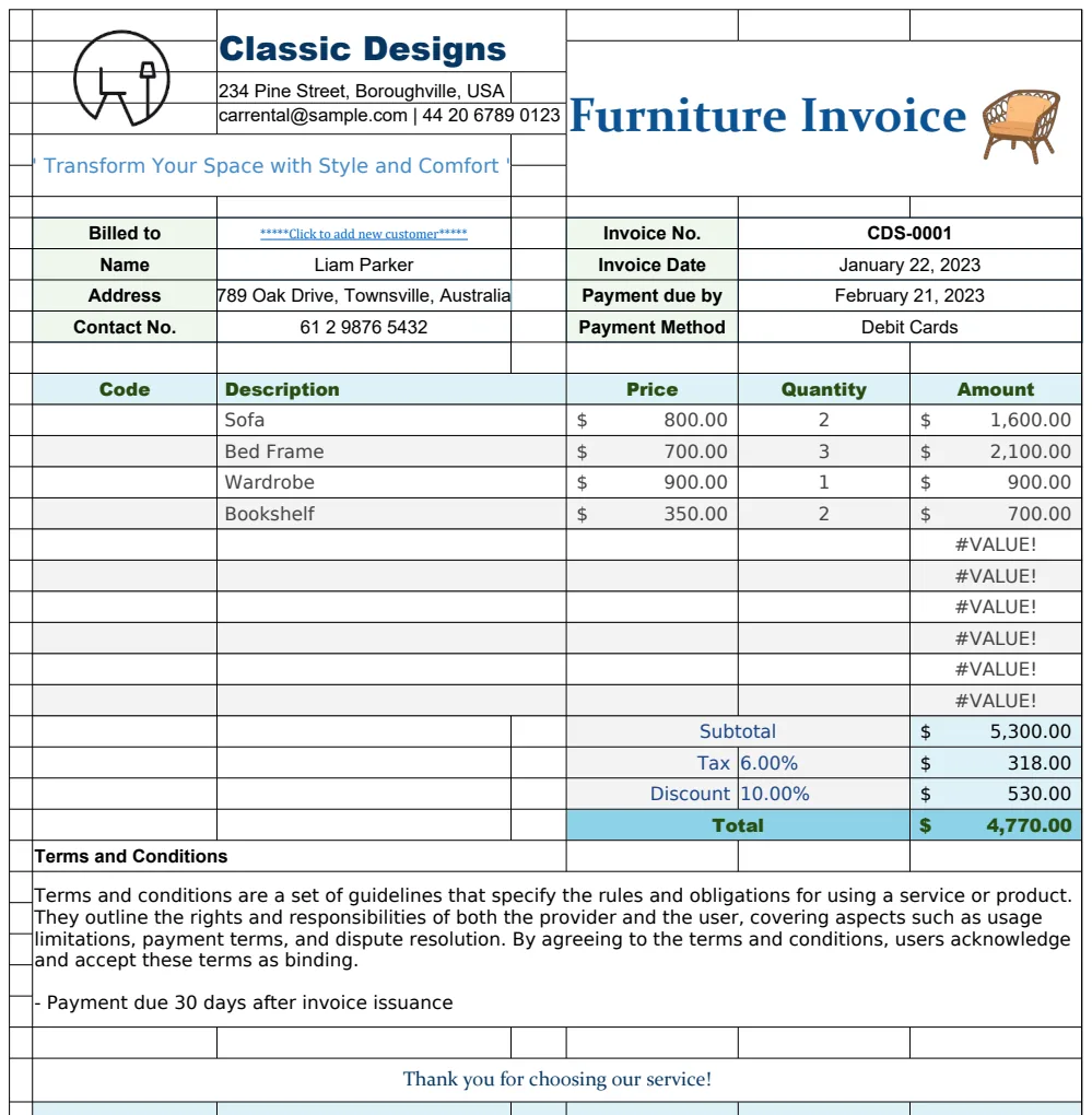 Furniture Invoice Template preview
