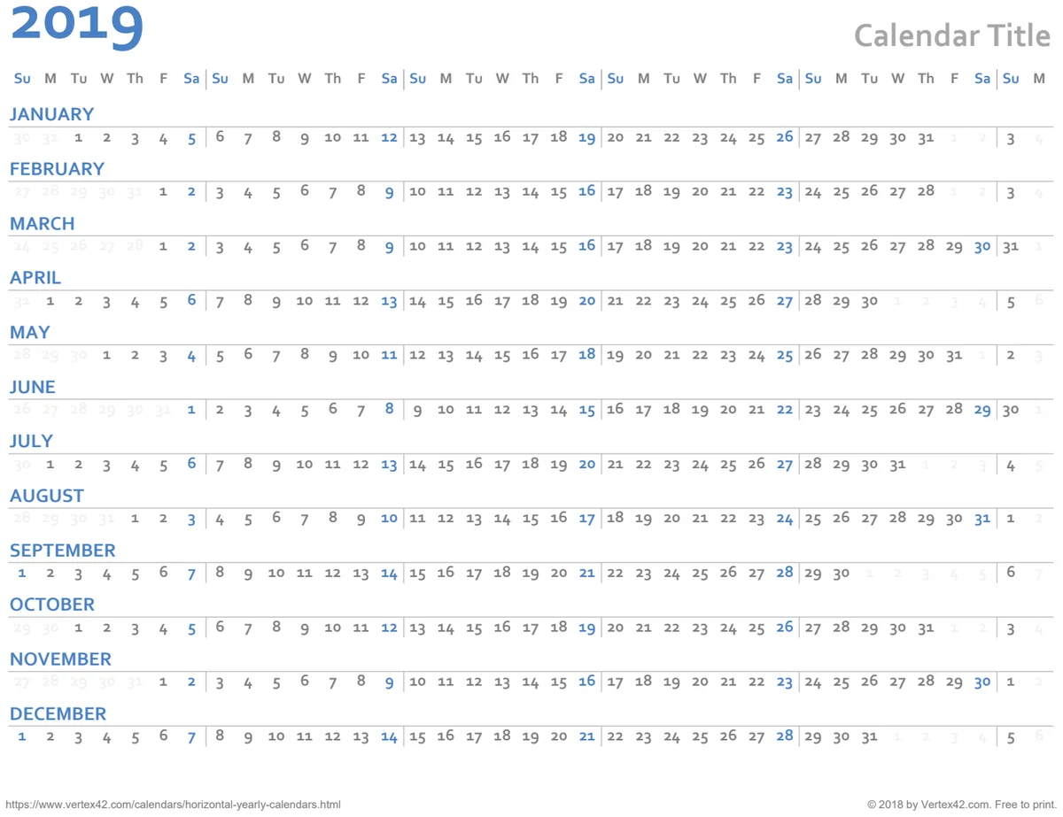 Horizontal Yearly Calendar Light preview