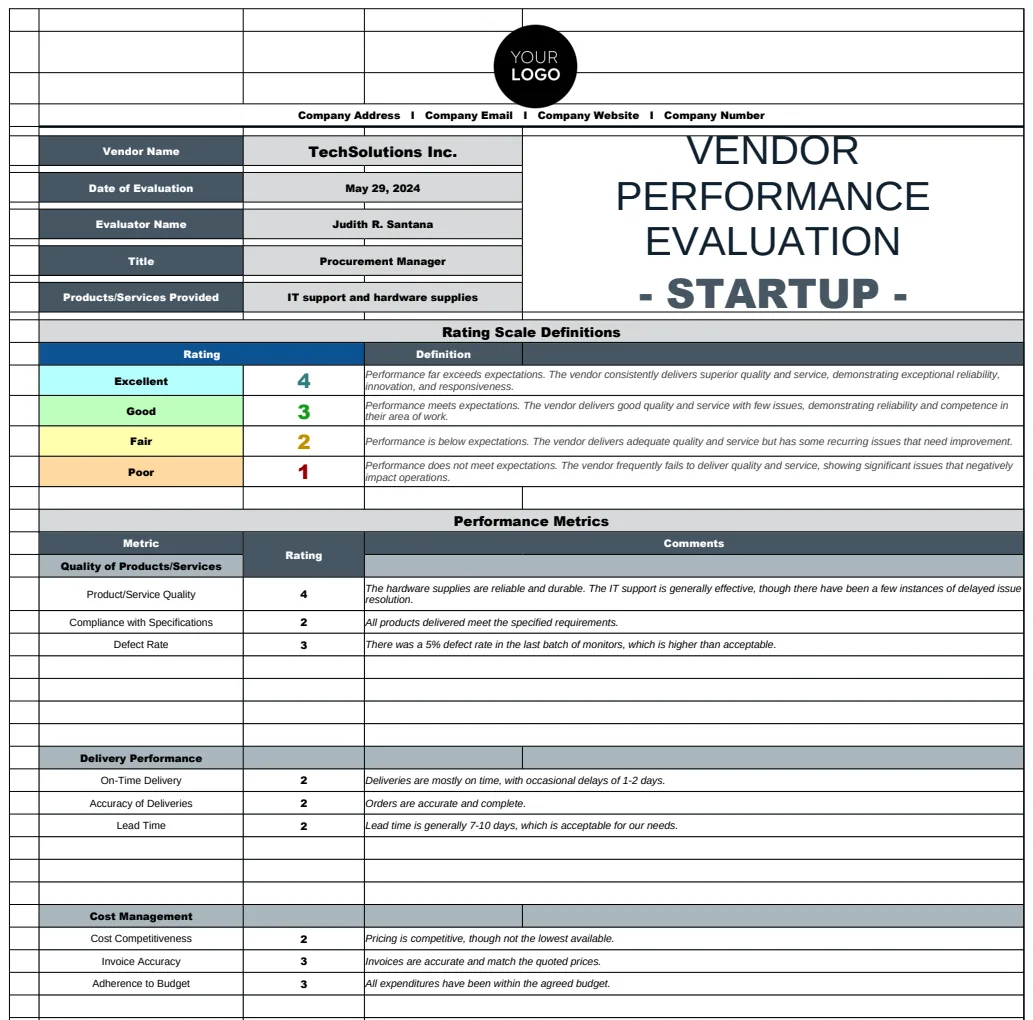 Startup Vendor Performance Evaluation Template preview