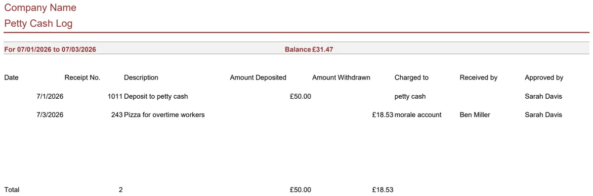 Petty Cash Log preview