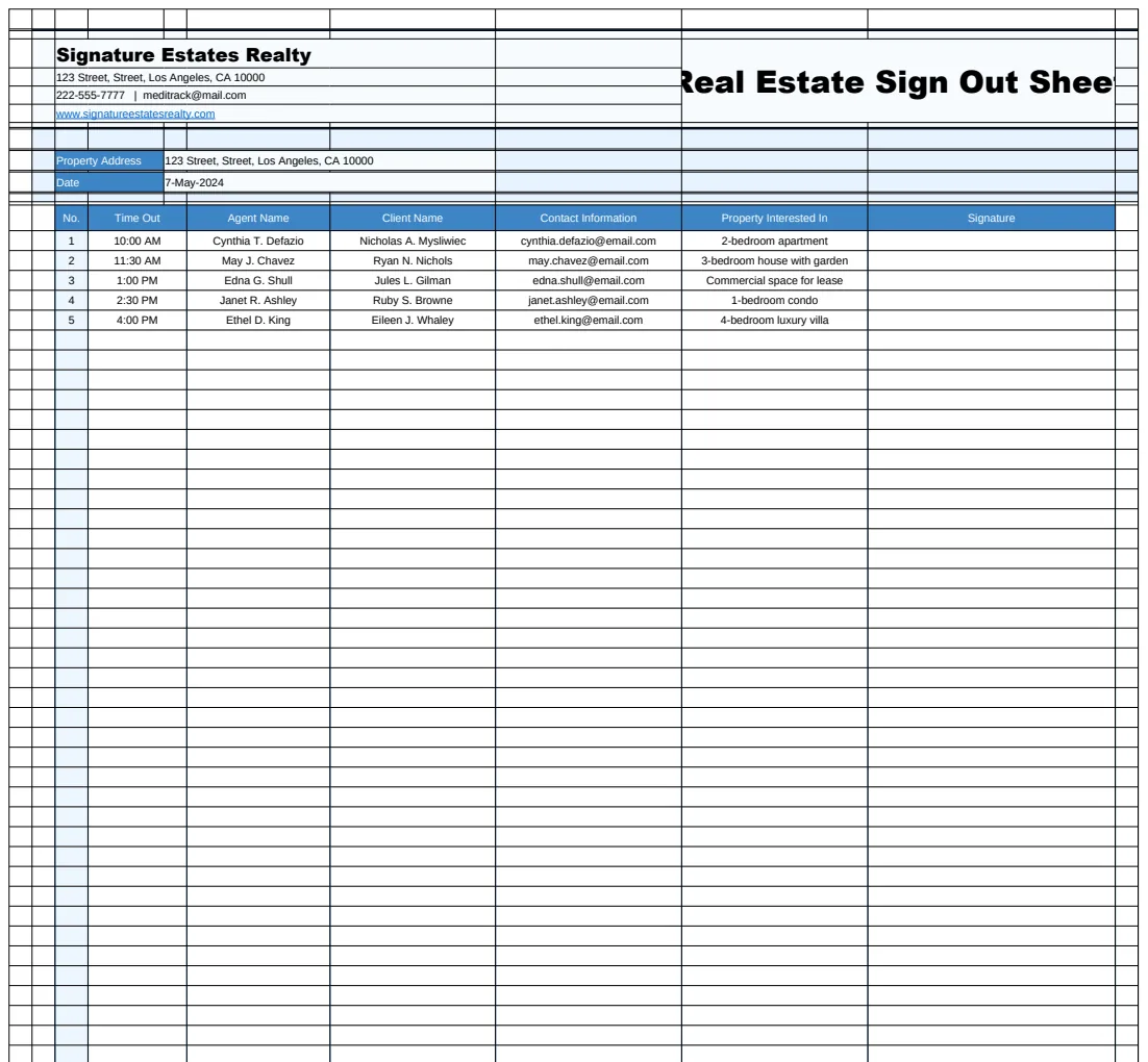 Real Estate Sign Out Sheet Template preview