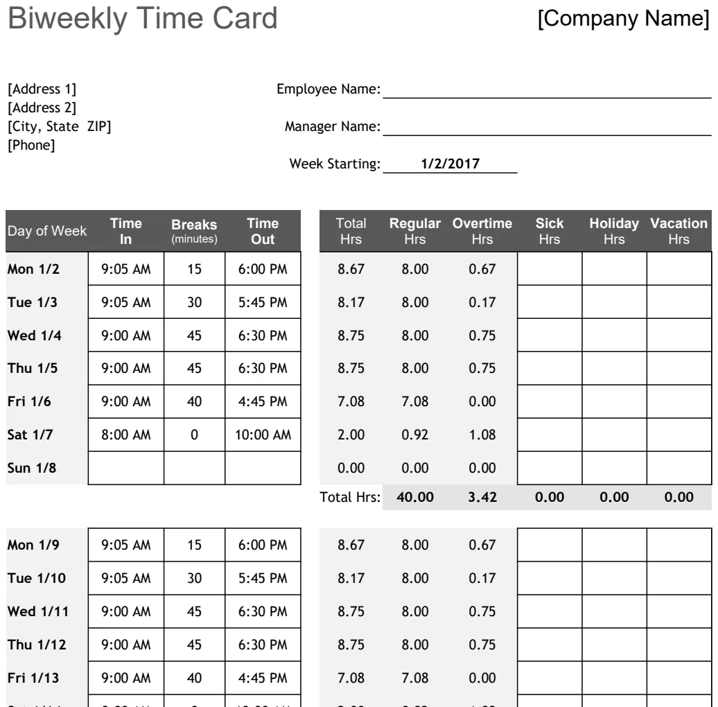Biweekly Time Card Calculator preview