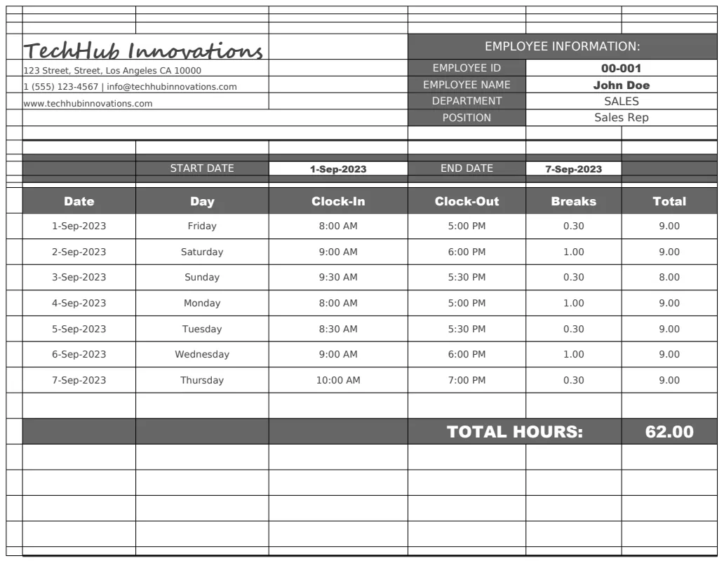 Work from Home Weekly Timesheet Template preview