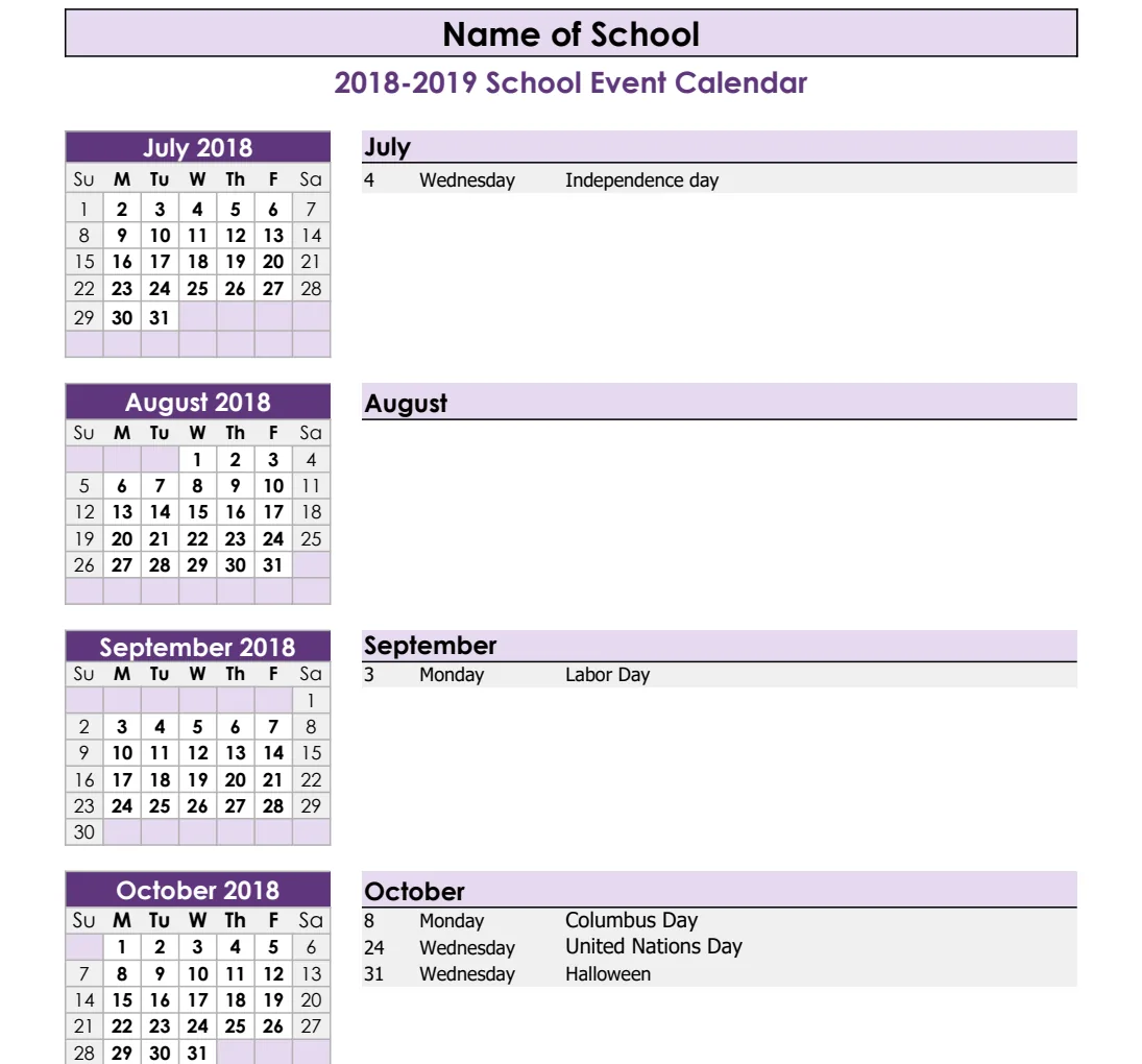 School Year Event Calendar preview