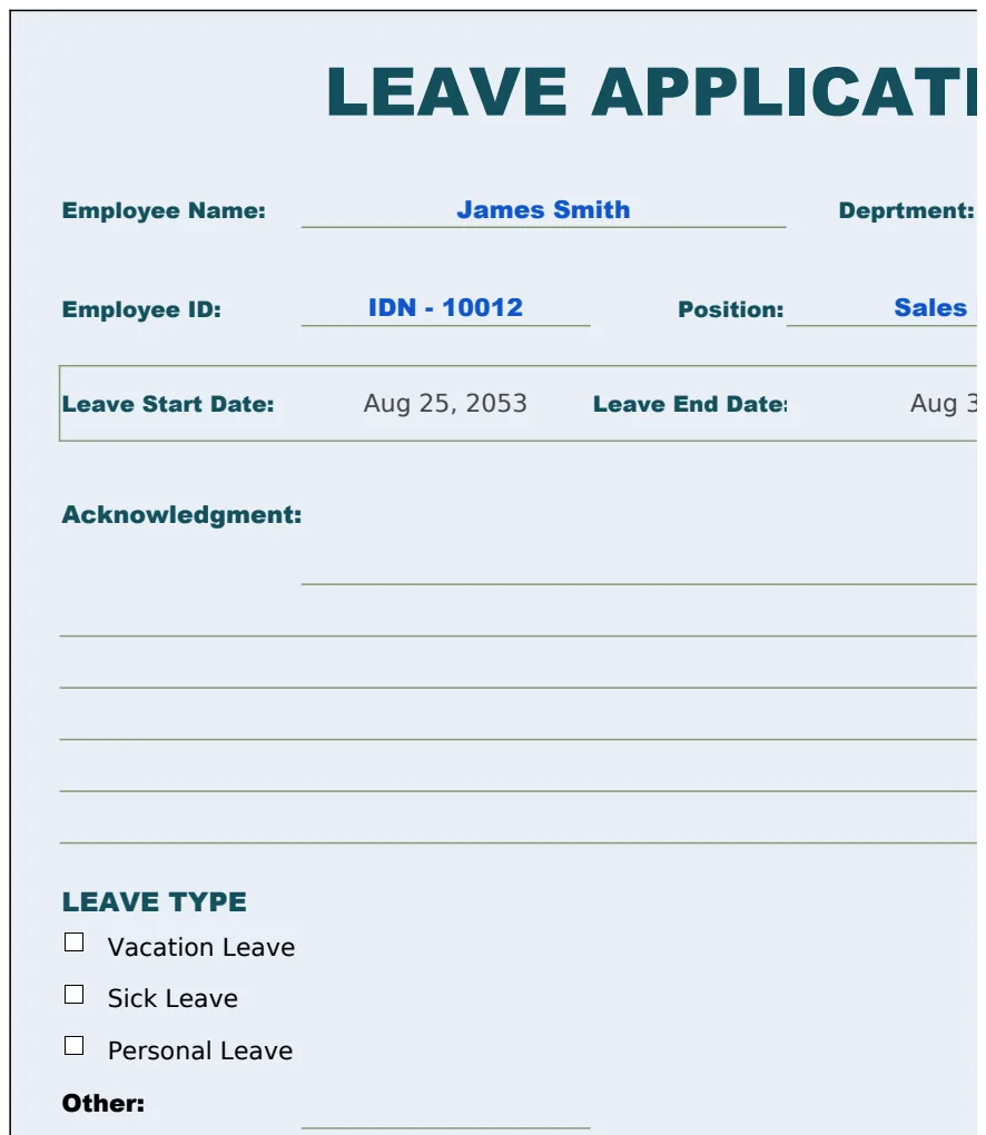 Leave Application Form Template preview