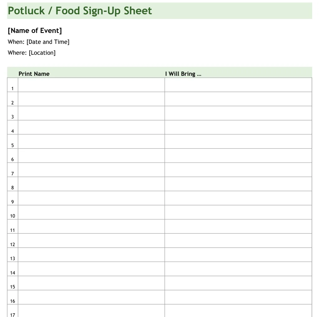 Potluck Sign-Up Sheet preview