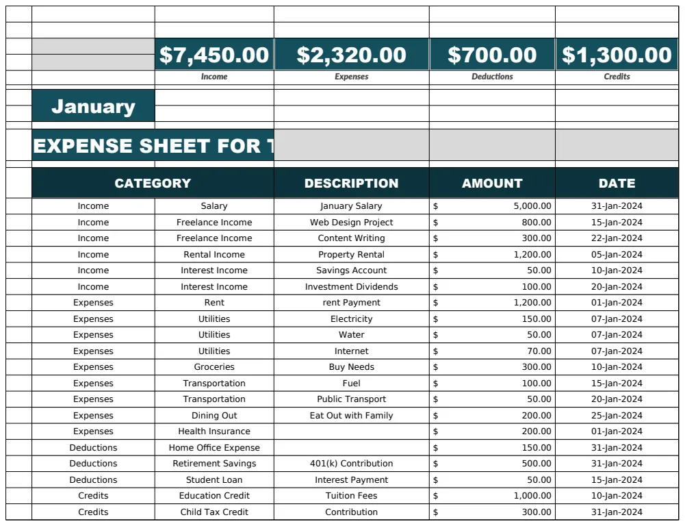 Expense Sheet for Taxes Template preview