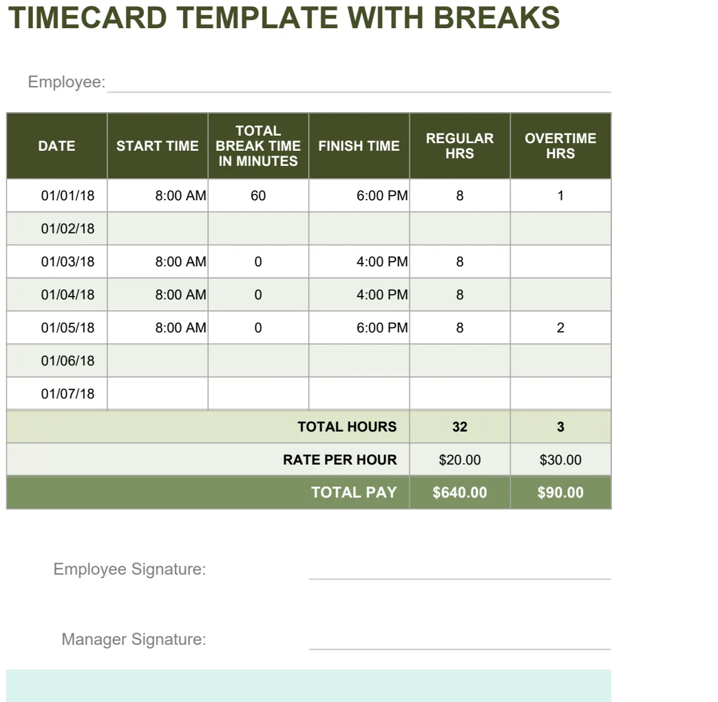 IC Timecard Template with Breaks preview