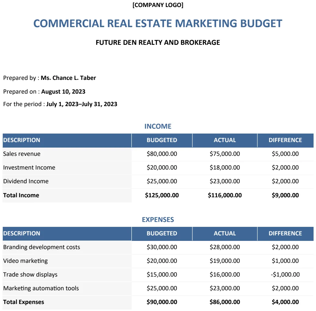Commercial Real Estate Marketing Budget Template preview