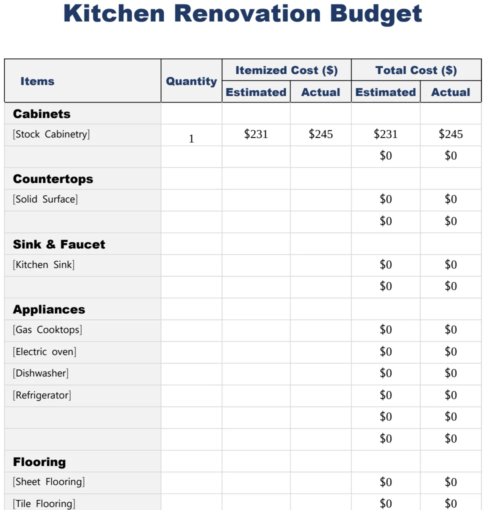 Kitchen Renovation Budget Template preview